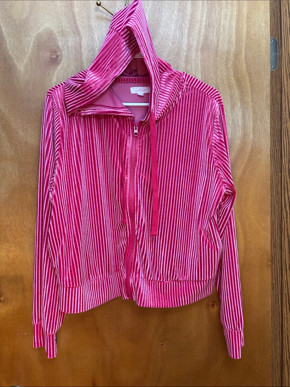 Colsie Hot Pink Striped Velour Zip Hoodie